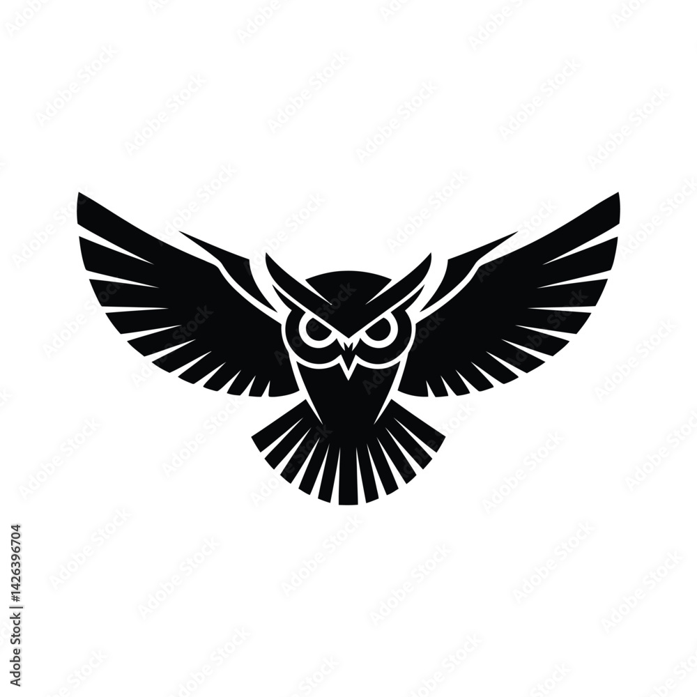 Obraz premium Vector Black Flying Owl Silhouette with Outstretched Wings in Tribal Style Isolated on white Background