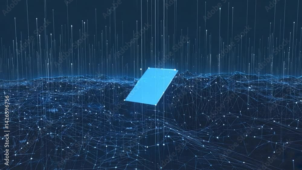 Digital landscape with glowing rectangle graphic element.