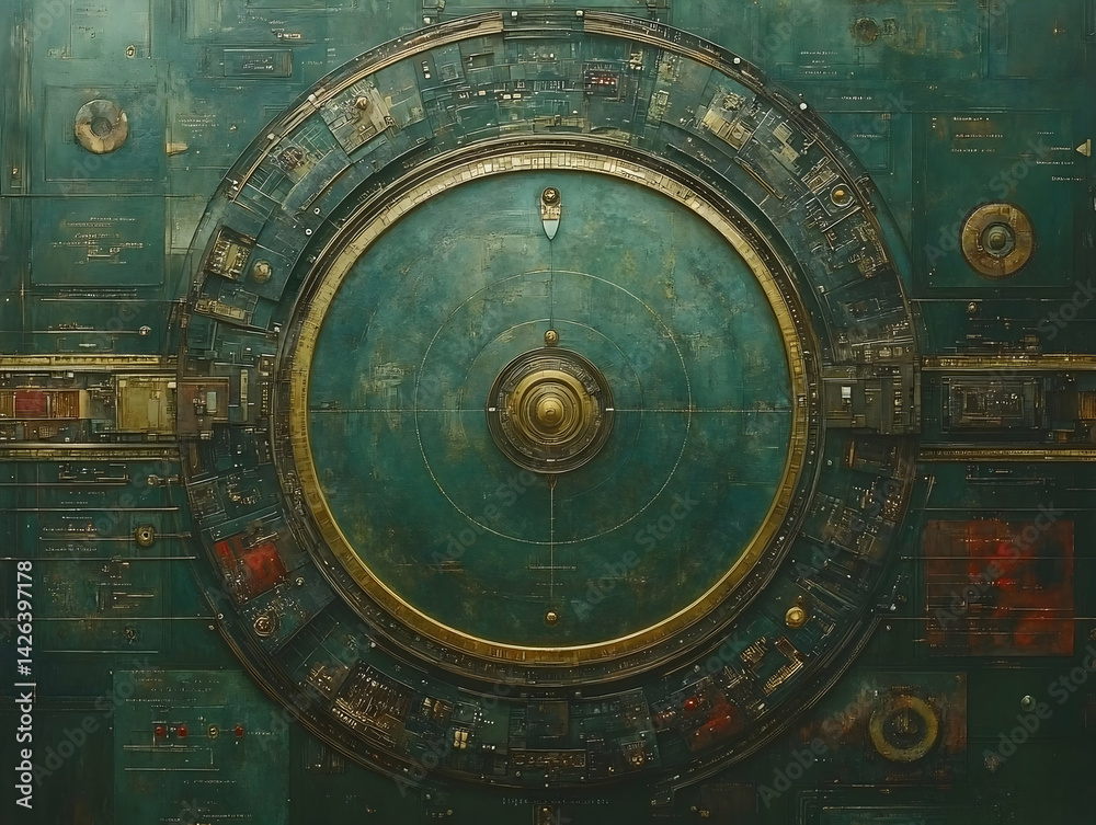 Fototapeta premium Intricate teal and golden device with various circuits knobs and lines Mechanical and antique-like appearance