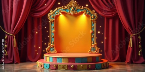 Decorative vintage circus podium with colorful striped and ornate details, circus props, festive atmosphere