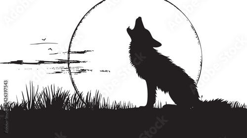 Silhouette of a wolf howling at the moon in a grassy outdoor landscape at night