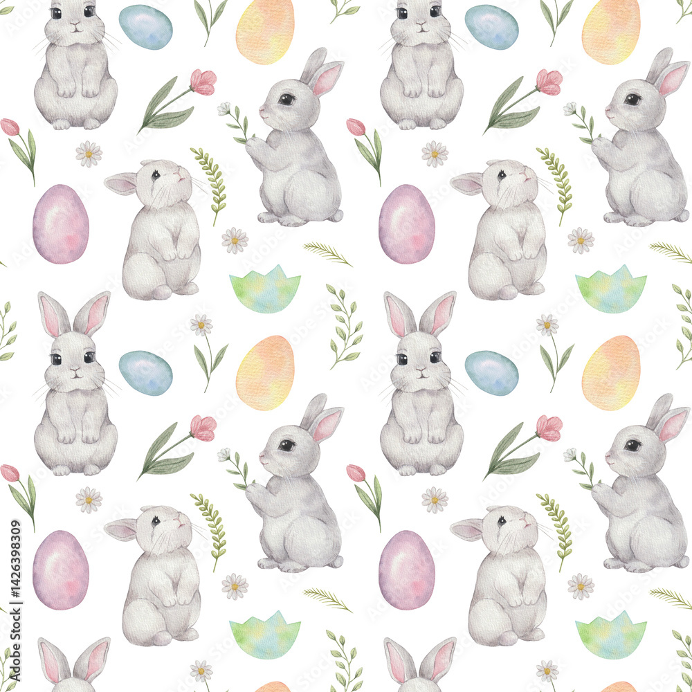 Fototapeta premium Watercolor Easter pattern with cute rabbit 