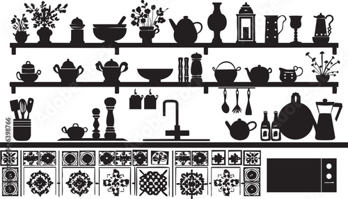 Silhouette of kitchen shelves filled with pots, teapots, bowls, utensils, and decorative items above a tiled countertop and microwave.