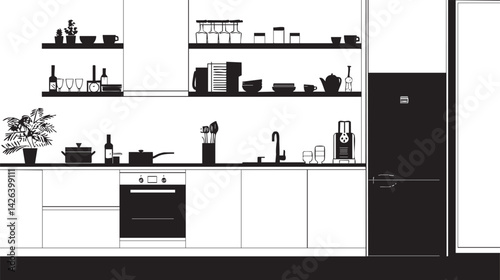 Black and white modern kitchen interior with appliances, shelves, sink, and cooking utensils