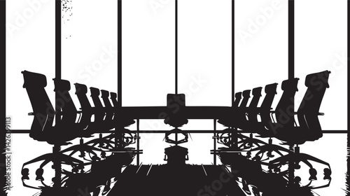 Silhouette of an empty modern conference room with office chairs around a large table and reflective floor