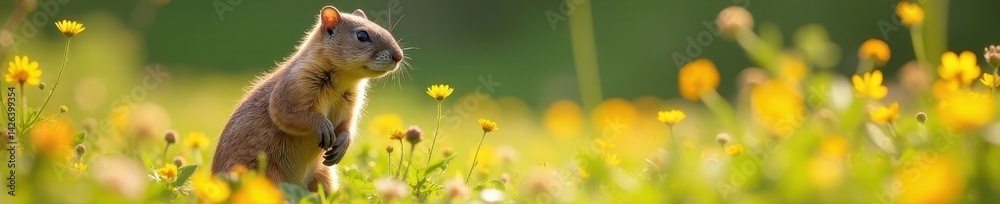Playful marmot exploring wildflowers, sunny day, fauna, adorable, day Playful marmot exploring wildflowers, sunny day, fauna, adorable, day