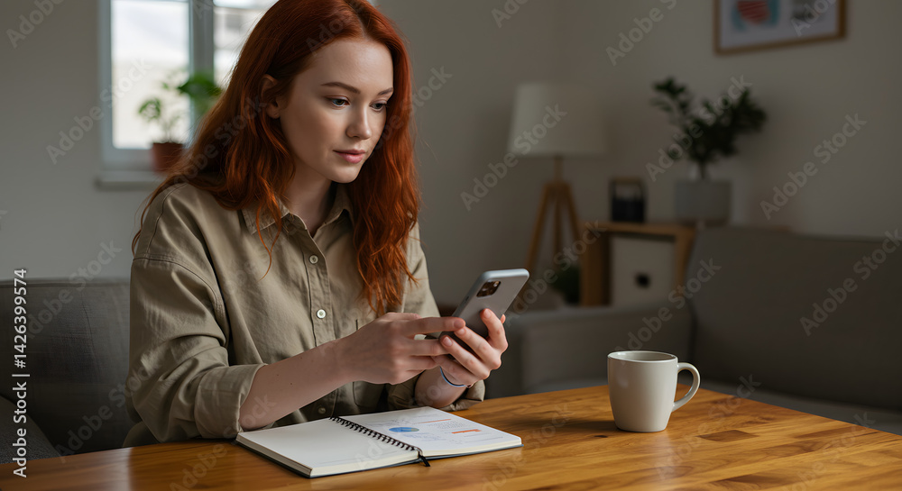 Red haired woman using her smartphone while sitting at a wooden table with a notebook and a mug Red haired woman using her smartphone while sitting at a wooden table with a notebook and a mug