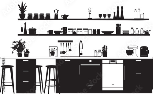 Black and white silhouette of a modern kitchen interior with counter, stools, shelves, and various appliances and utensils.