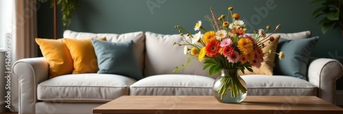 Wallpaper Mural Plush sofa, wildflowers in vase on coffee table , wood, sofa, home decor Torontodigital.ca