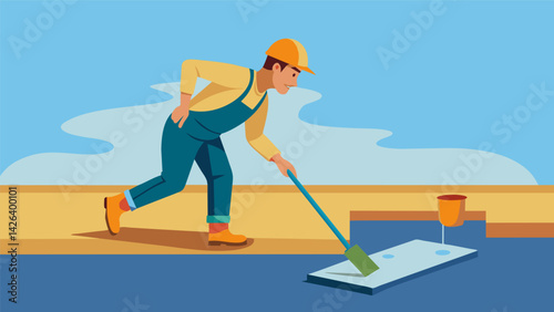 A worker using a squeegee to evenly spread a liquid waterproofing membrane onto the foundation creating a seamless and waterproof surface.. Vector illustration