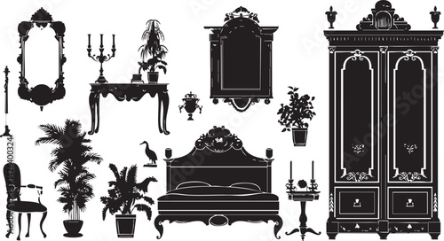 Black silhouette collection of vintage bedroom furniture and decorative elements including bed, chair, mirror, wardrobe, tables, and plants.