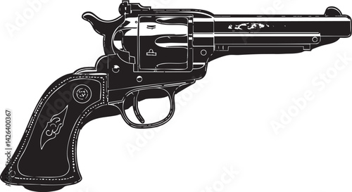 Black and white vector illustration of a vintage revolver handgun with detailed handle and barrel design