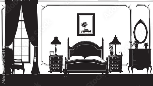 Black and white silhouette of a classic bedroom interior featuring bed, lamps, chair, and dresser with mirror.