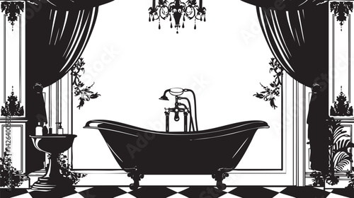 Vintage luxury bathroom interior with clawfoot bathtub, ornate curtains, chandelier, and classic decor