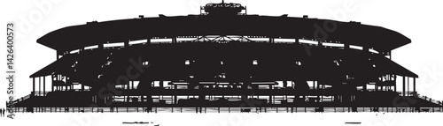 Black silhouette of a large stadium with tiered seating and a curved roof structure
