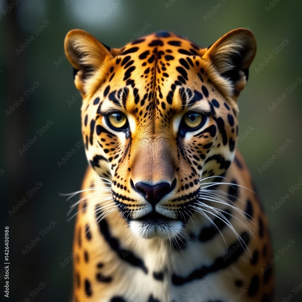 Fototapeta premium Powerful leopard gaze, intense stare, blurred savanna backdrop , nature, grassland, cat