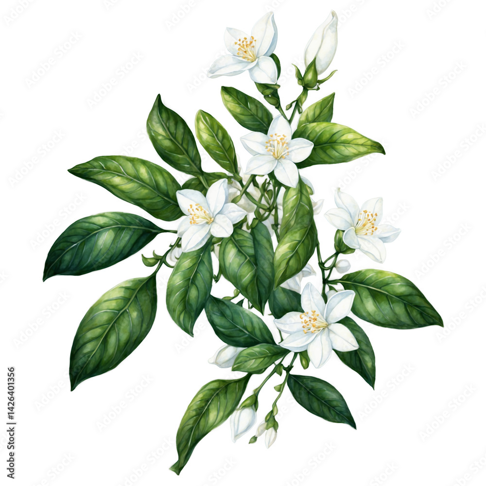 Obraz premium Elegant jasmine flowers with leaves designs watercolor art illustration transparent background isolated png stock