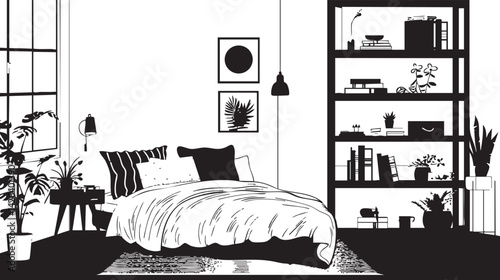 Monochrome silhouette of a modern bedroom interior with bed, plants, shelves, and wall art for cozy home design