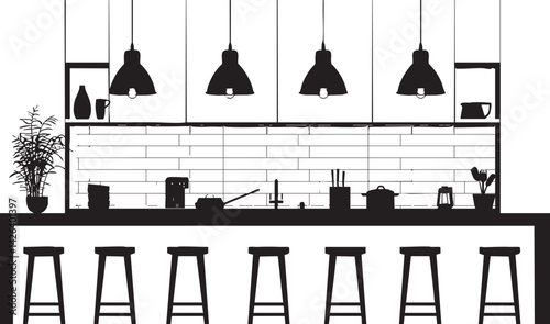 Minimalistic black and white kitchen bar counter with stools, hanging lamps, and modern decor