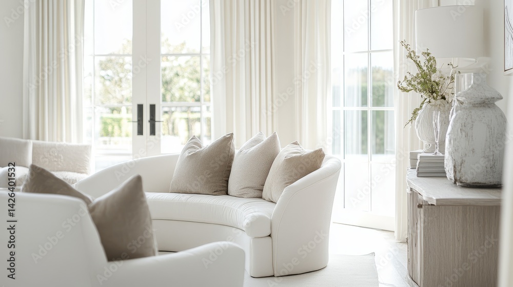 Fototapeta premium Bright serene space with white curved sofa and armchair, upholstered in soft fabric, styled with modern simplicity