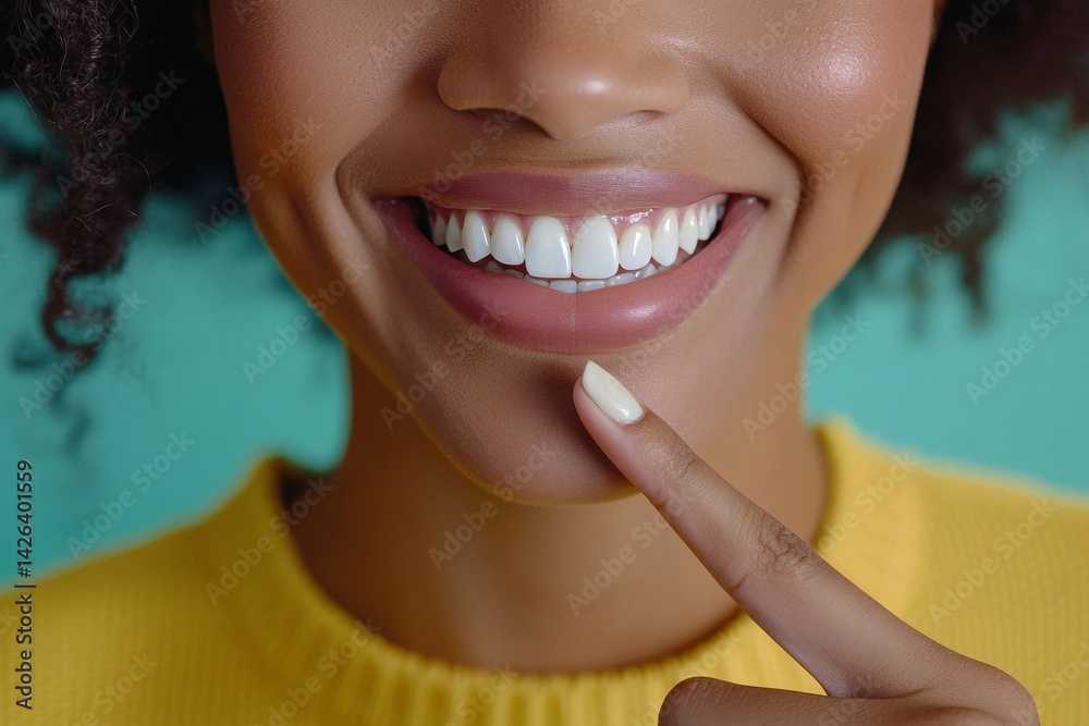 Image of a stunning dark-skinned woman with curly hair pointing to her flawless teeth while wearing a yellow knitted sweater against a bright blue-teal backdrop Image of a stunning dark-skinned woman with curly hair pointing to her flawless teeth while wearing a yellow knitted sweater against a bright blue-teal backdrop