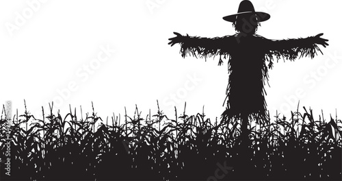 Silhouette of a scarecrow with outstretched arms standing in a cornfield against a white background