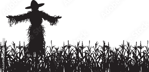 Silhouette of a scarecrow standing in a dense cornfield against a white background, symbolizing agriculture and rural farming.