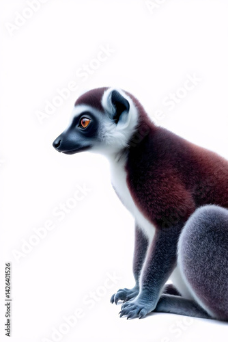 Ring-tailed lemur sitting in profile, detailed portrait of a primate species.