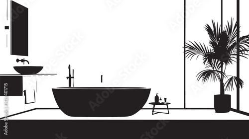 Minimalist modern bathroom interior with freestanding bathtub, sink, mirror, and large plant