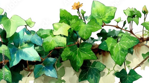 Watercolor painting of lush green ivy leaves and small yellow flowers growing on a stone wall.