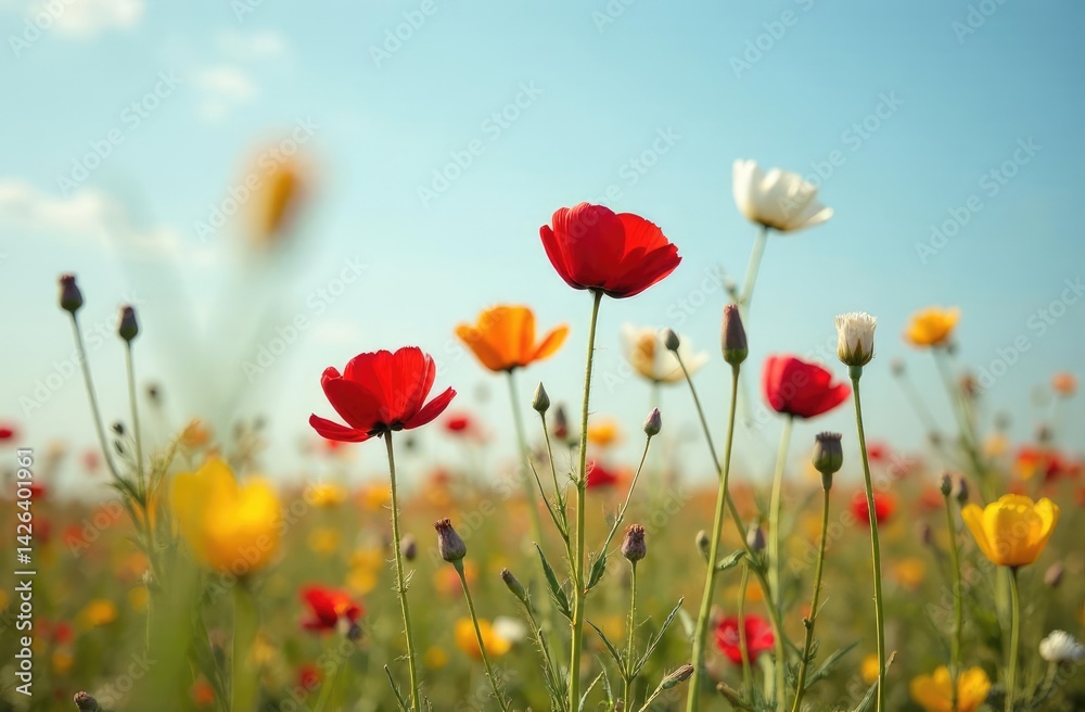 Naklejka premium Field red, yellow, white flowers against the background of the blue sky