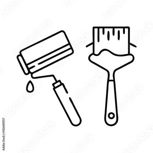 Wall repair roller and brush with dripping paint, vector illustration