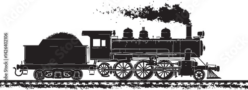 Black silhouette of a vintage steam locomotive train with smoke on railroad tracks