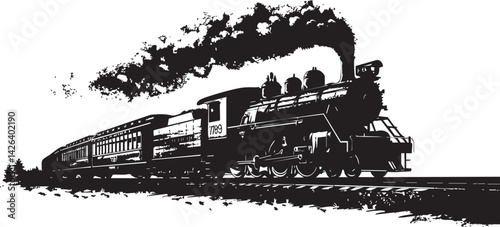 Black and white illustration of a vintage steam locomotive train running on railroad tracks with smoke coming from the smokestack