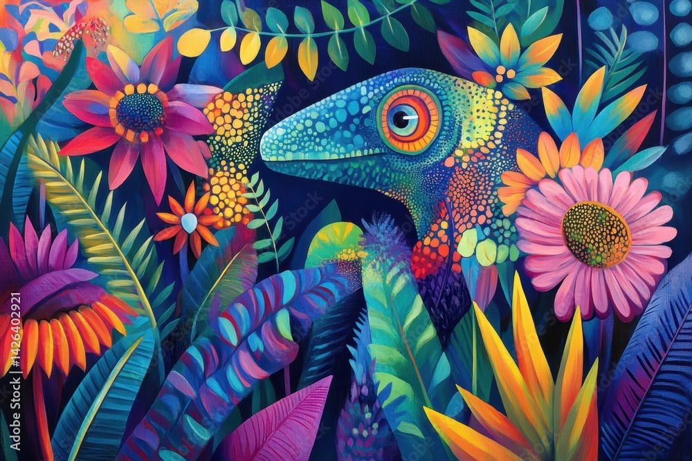 A chameleon blending seamlessly into a vibrant ju