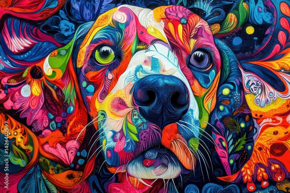 A dog blending seamlessly into a vibrant ju