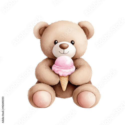 Adorable teddy bear holding a pink ice cream cone, cheerful vibe. isolated against a transparent background.