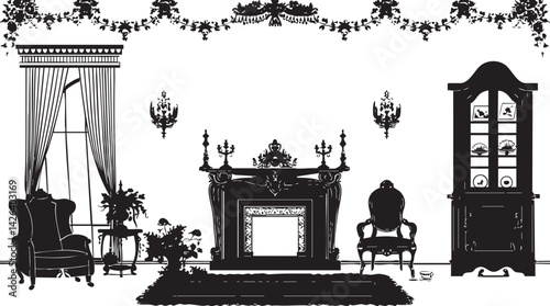 Vintage living room interior with classic furniture fireplace window curtains and elegant decoration