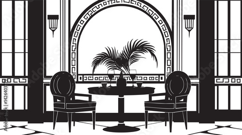 Silhouette of a classic dining room interior with table, two chairs, large window and decorative plant