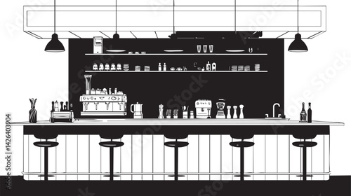 Minimalist black and white illustration of a modern bar interior with stools coffee machine and shelves