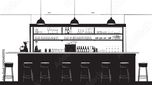 Modern black and white silhouette of a bar counter with stools bottles glasses and hanging lights