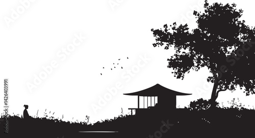 Silhouette of a peaceful rural scene with a tree, small house, birds flying, and grass under a clear sky.