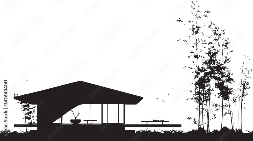 Fototapeta premium Silhouette of a modern house with flat roof and surrounding trees in a minimal outdoor landscape scene