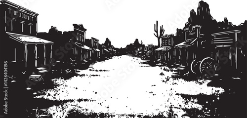 Black and white silhouette of an old western town street with buildings and desert landscape