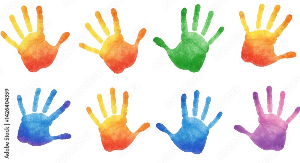 Fototapeta premium Colorful handprints displayed in a vibrant pattern 