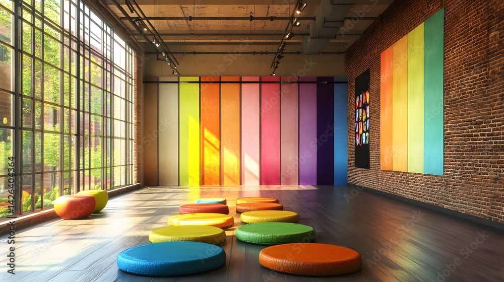 Fototapeta premium A photo studio with colorful backdrops and lighting equipment
