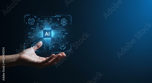 Hand holding digital AI technology illustration against a dark backdrop