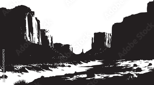 Black and white silhouette of a canyon valley with cliffs and rugged desert landscape