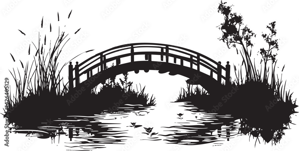 Fototapeta premium Black and white silhouette of a wooden arched bridge over a calm river surrounded by plants and trees