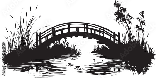 Black and white silhouette of a wooden arched bridge over a calm river surrounded by plants and trees
